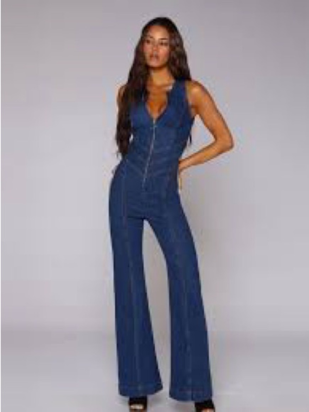 REVICE Dark Blue Wide-Leg Denim Jumpsuit with Front Zip